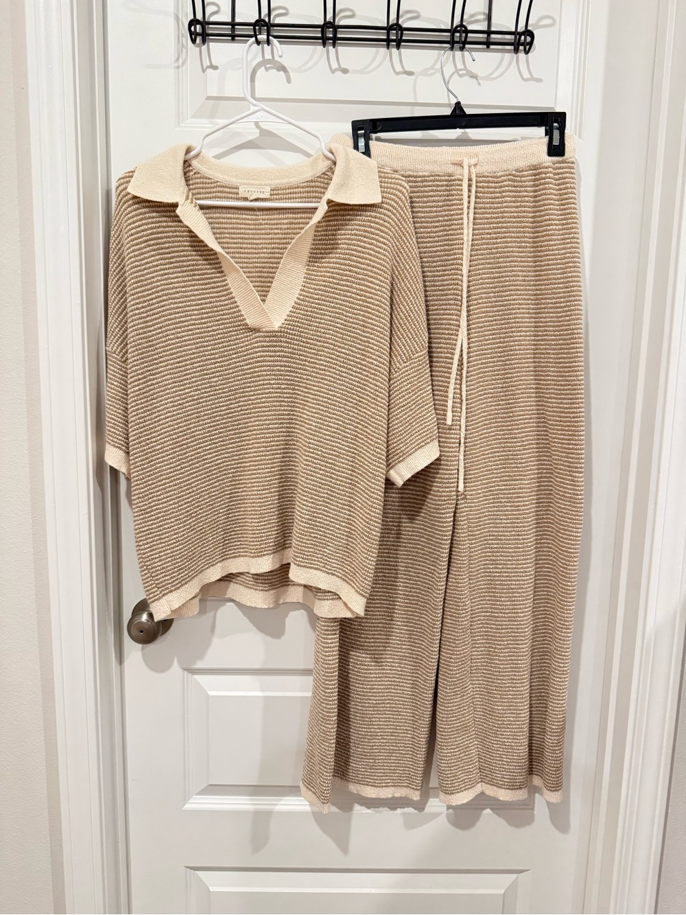 Promesa Beige Knit Striped Lounge Set Matching Set - Top & Wide-Leg Pants